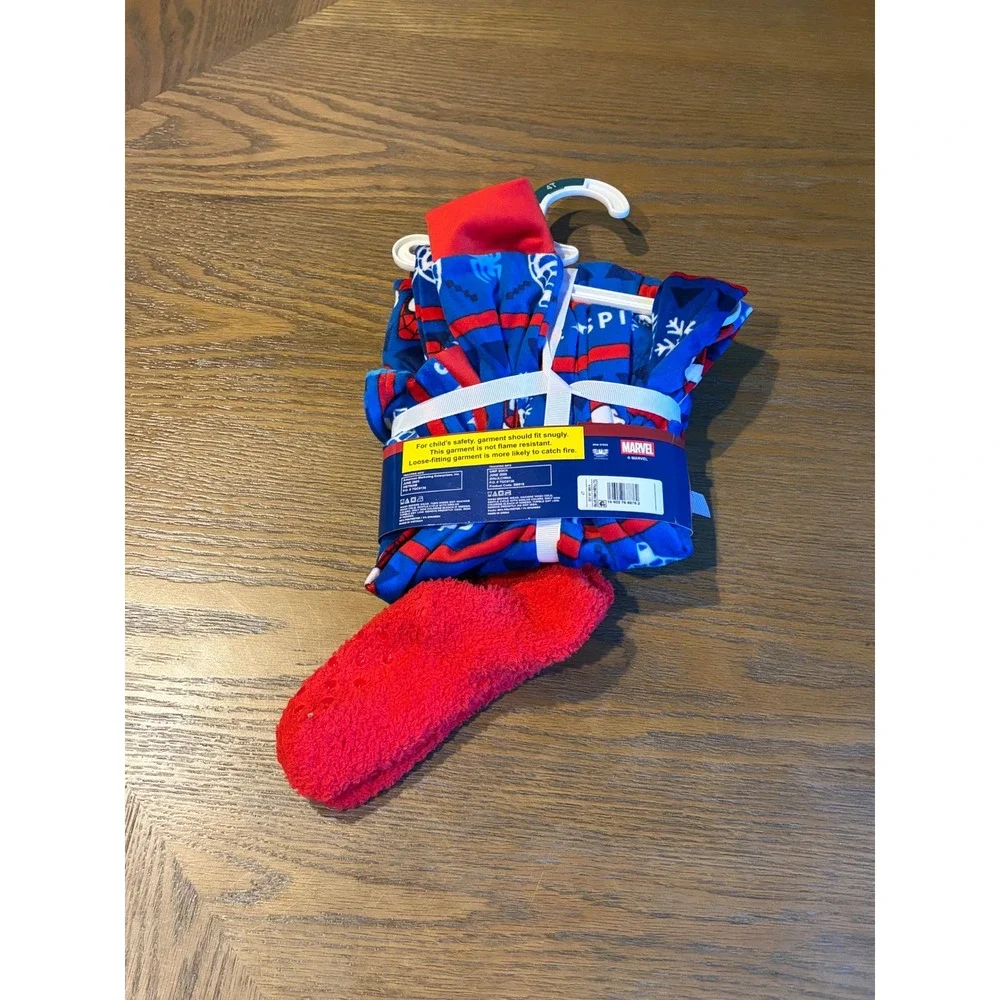 Marvel Spiderman Toddler Pajama Set 2 Piece with Cozy Socks Blue Red 4T Holiday
